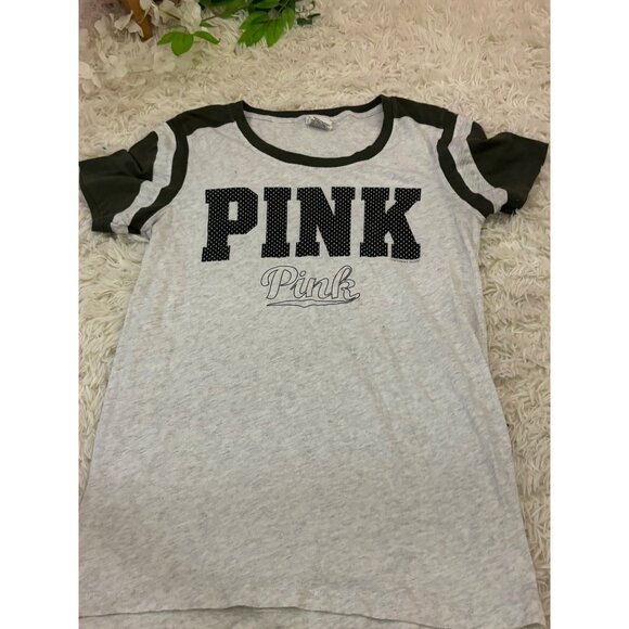 Victorias Secret PINK Graphic T-Shirt L Gray & Black Short Sleeve Cotton Blend - Picture 8 of 10